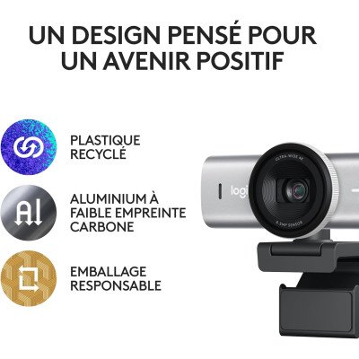 Logitech MX Brio Webcam de Collaboration et Streaming 4K Ultra HD, 1080p à 60 IPS, 2 micros avec réduction de Bruit- Pale Grey