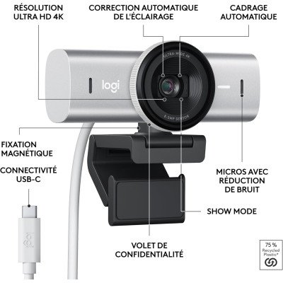 Logitech MX Brio Webcam de Collaboration et Streaming 4K Ultra HD, 1080p à 60 IPS, 2 micros avec réduction de Bruit- Pale Grey