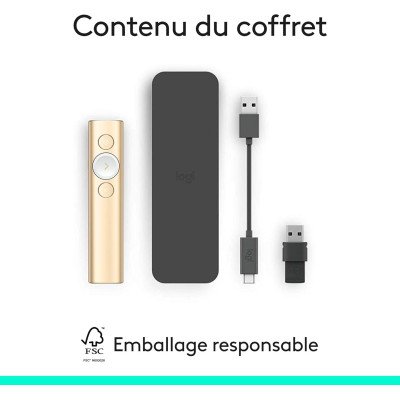 Logitech Spotlight Télécommande de Présentation sans Fil, Bluetooth et 2,4 GHz avec Nano-Récepteur USB - GOLD Logitech Spotlight Télécommande de Présentation sans Fil, Bluetooth et 2,4 GHz avec Nano-Récepteur USB - GOLD