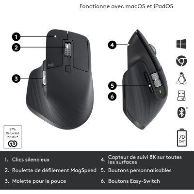 Logitech MX Master 3S - Souris Performante Sans Fil, Clics Silencieux, USB-C, Bluetooth, Windows, Linux, Chrome - Gris foncé Logitech MX Master 3S - Souris Performante Sans Fil, Clics Silencieux, USB-C, Bluetooth, Windows, Linux, Chrome - Gris foncé