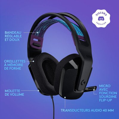 Logitech G335 Casque Gamer Filaire, avec Micro, Prise Audio 3,5 mm-Noir