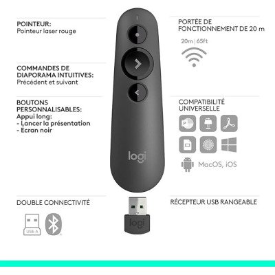 Logitech R500s de classe 1 Bluetooth et USB Télécommande de présentation laser/ Télécommande de présentation - - Gris foncé Logitech R500s de classe 1 Bluetooth et USB Télécommande de présentation laser/ Télécommande de présentation - - Gris foncé